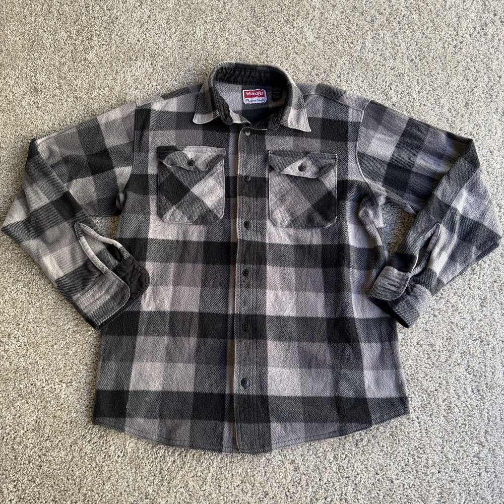 Wrangler Jacket Mens Small Gray Plaid Flannel Quilted Lined Button Up Pockets